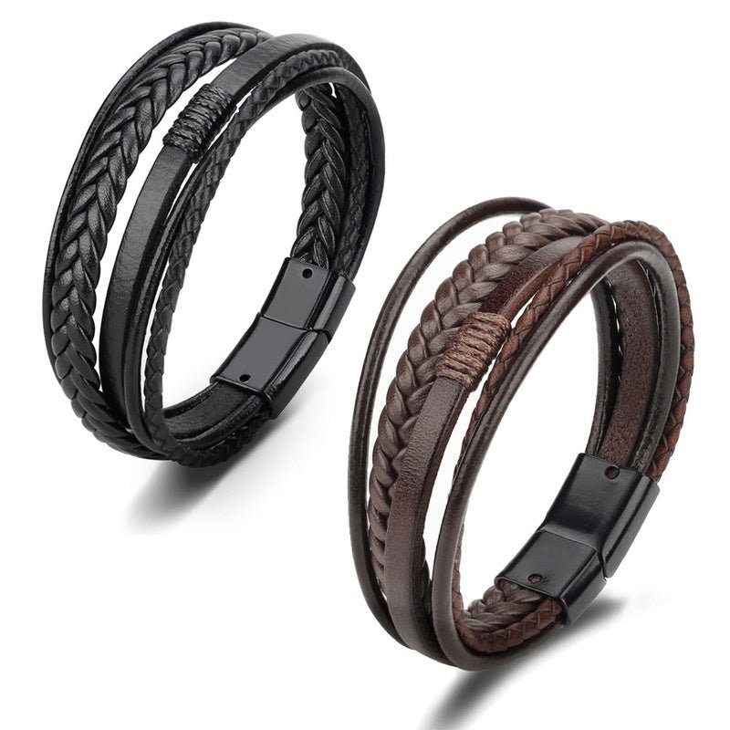 1pc Men's Hand - Woven Multi - Layer Leather Bracelet with Buckle Closure - Stylish Faux Leather Cuff, Durable & Versatile Accessory for Casual or Formal Wear - Bako Bako