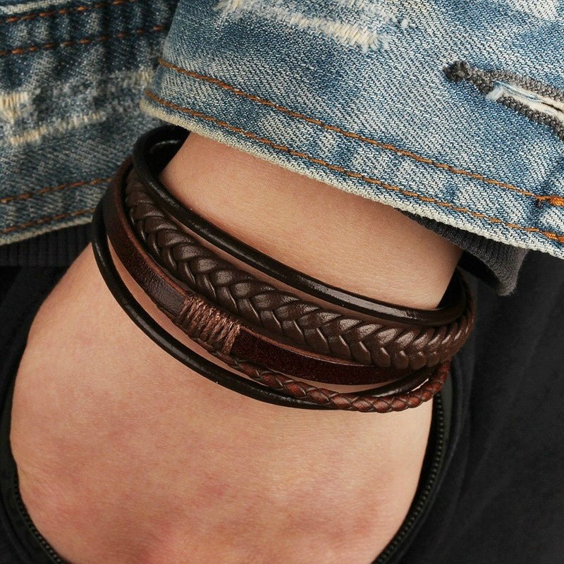 1pc Men's Hand - Woven Multi - Layer Leather Bracelet with Buckle Closure - Stylish Faux Leather Cuff, Durable & Versatile Accessory for Casual or Formal Wear - Bako Bako