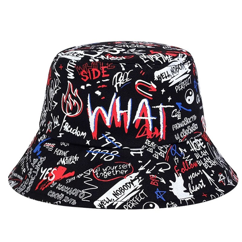 1 Men's "What" Graffiti - Style Bucket Hat - Streetwear Polyester, Hand - Washable, Black with Colorful Typography & Graphics, Perfect for Trendy Outfits - Bako Bako