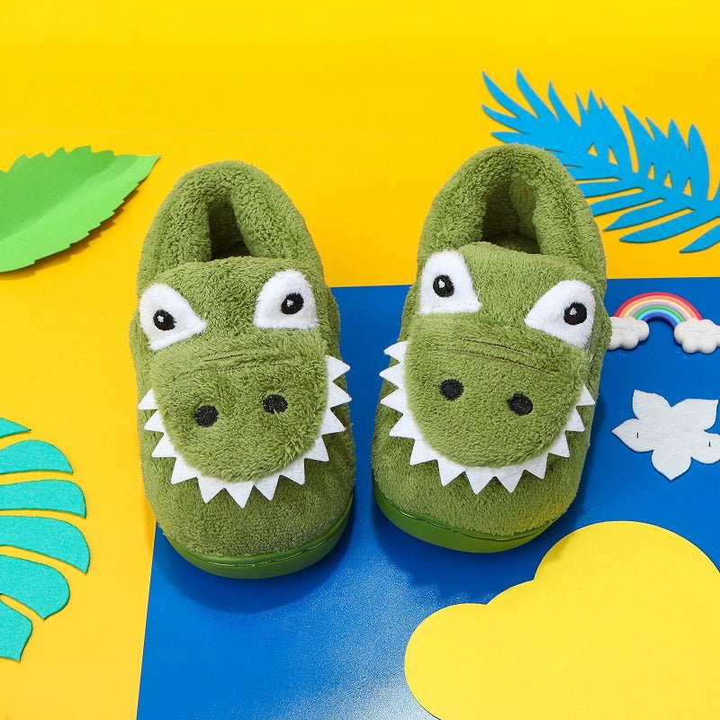 Boys' Dinosaur Slippers with Plush TPR Sole & Alligator/Crocodile Teeth - Warm Winter Indoor/Outdoor, Green & White Low - Top Easy Slip - On for, Cute Dino Footwear for Bedtime & Play - Bako Bako