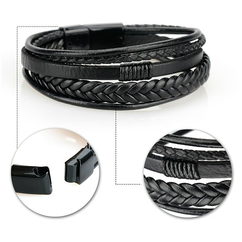 1pc Men's Hand - Woven Multi - Layer Leather Bracelet with Buckle Closure - Stylish Faux Leather Cuff, Durable & Versatile Accessory for Casual or Formal Wear - Bako Bako