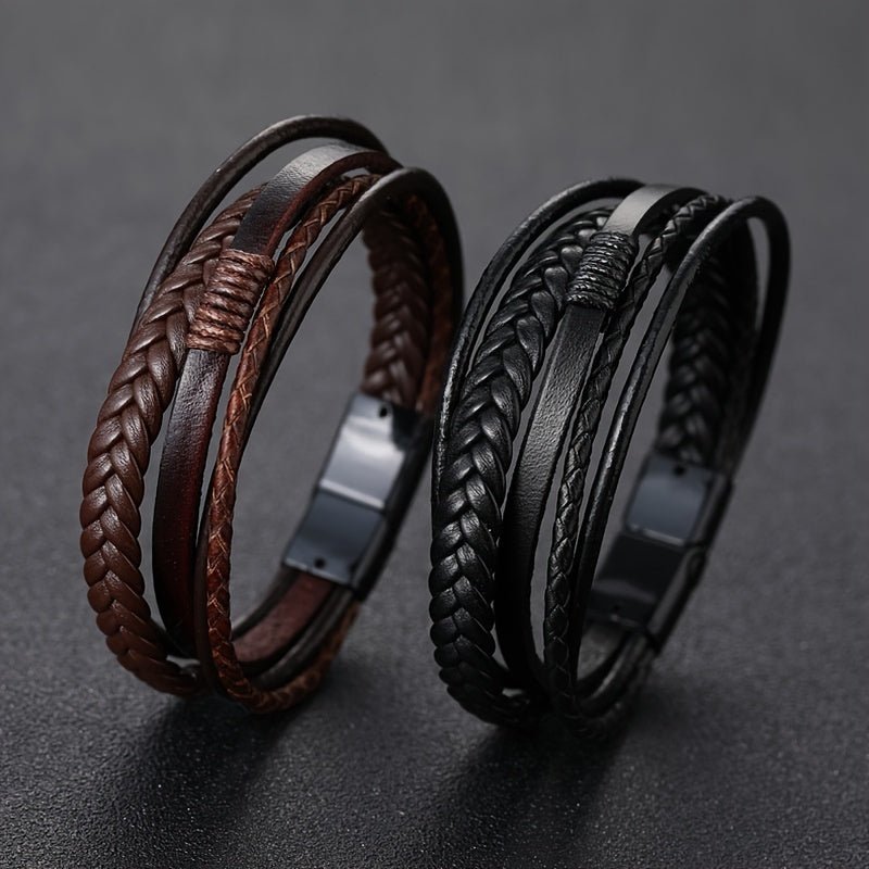 1pc Men's Hand - Woven Multi - Layer Leather Bracelet with Buckle Closure - Stylish Faux Leather Cuff, Durable & Versatile Accessory for Casual or Formal Wear - Bako Bako