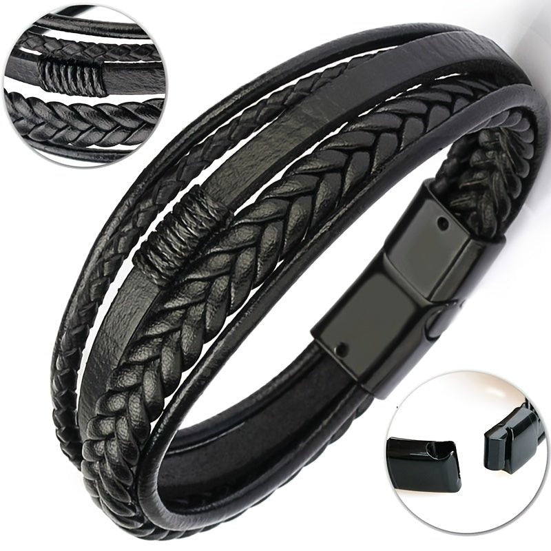 1pc Men's Hand - Woven Multi - Layer Leather Bracelet with Buckle Closure - Stylish Faux Leather Cuff, Durable & Versatile Accessory for Casual or Formal Wear - Bako Bako