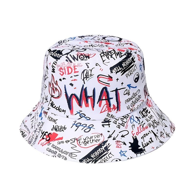 1 Men's "What" Graffiti - Style Bucket Hat - Streetwear Polyester, Hand - Washable, Black with Colorful Typography & Graphics, Perfect for Trendy Outfits - Bako Bako