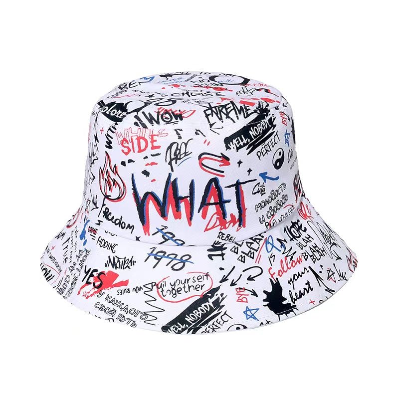 1 Men's "What" Graffiti - Style Bucket Hat - Streetwear Polyester, Hand - Washable, Black with Colorful Typography & Graphics, Perfect for Trendy Outfits - Bako Bako