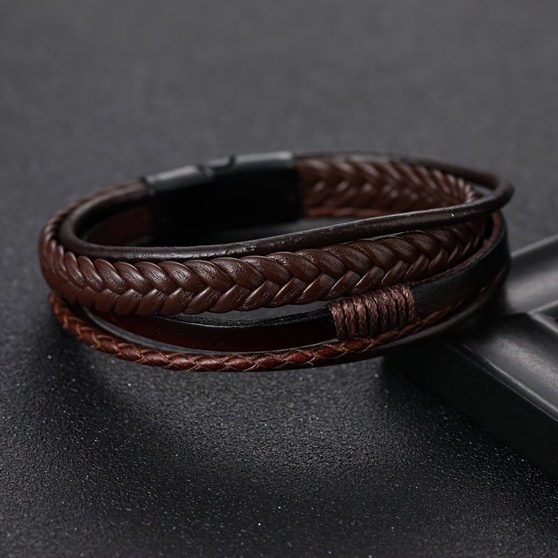 1pc Men's Hand - Woven Multi - Layer Leather Bracelet with Buckle Closure - Stylish Faux Leather Cuff, Durable & Versatile Accessory for Casual or Formal Wear - Bako Bako