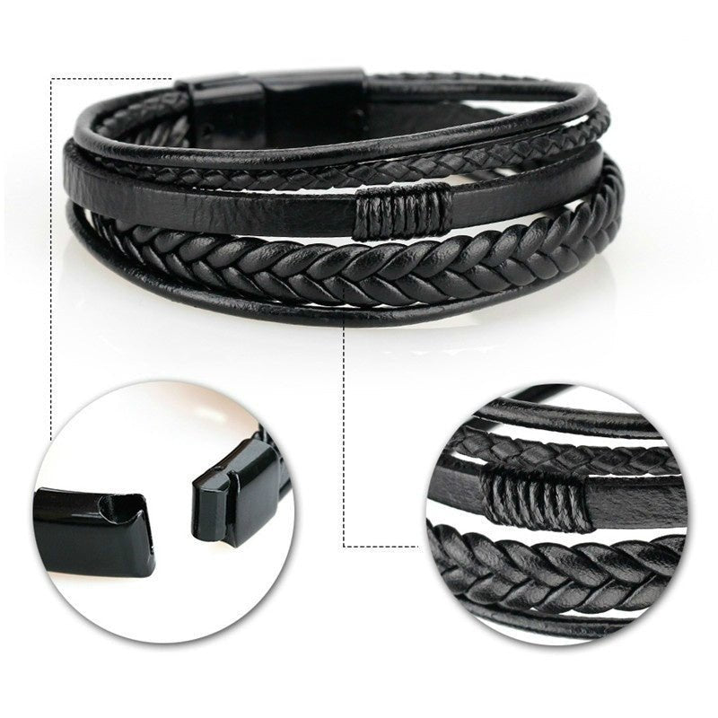 1pc Men's Hand - Woven Multi - Layer Leather Bracelet with Buckle Closure - Stylish Faux Leather Cuff, Durable & Versatile Accessory for Casual or Formal Wear - Bako Bako