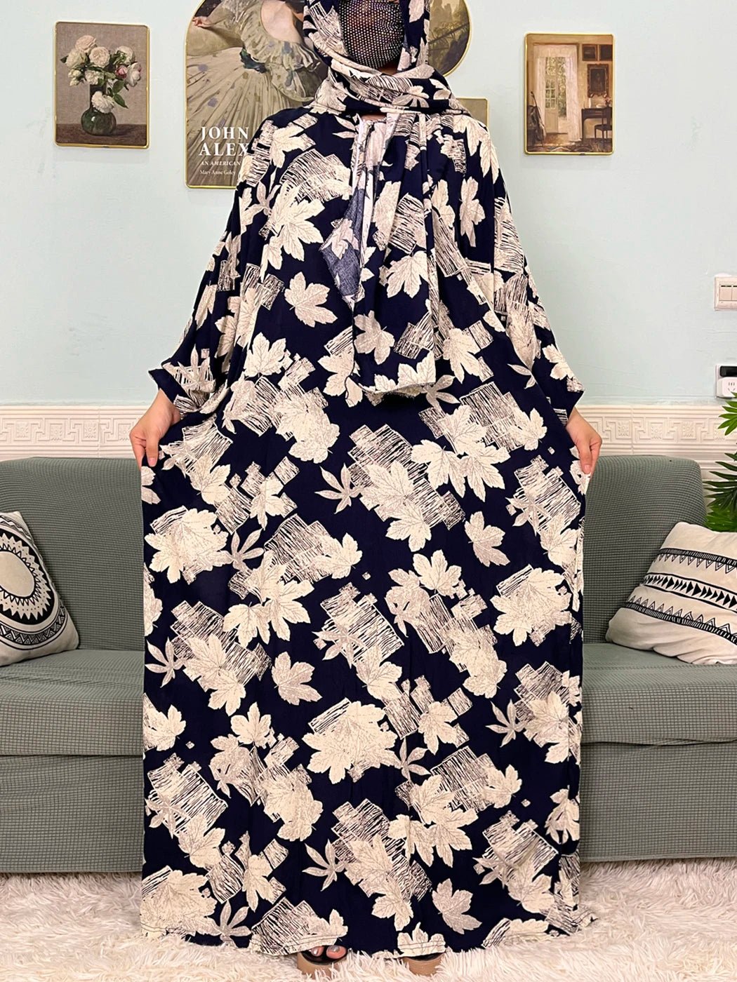 Muslim Cotton Abayas For Women Traditional Floral Ramadan Prayer Garment African Caftan Marocain Femme Robe Connected Headscarf - Bako Bako