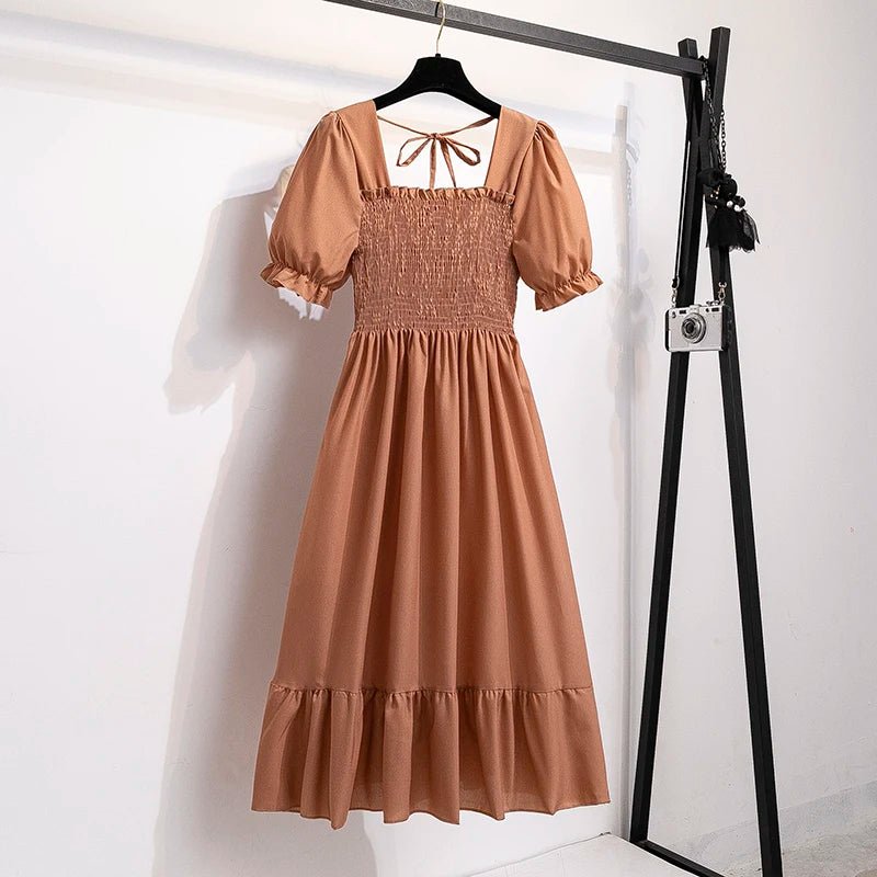 Spring Summer Chiffon Dresses Fashion Female Elastic Waist Short Sleeve Pleated Casual Dress Women A - line Dresses Vestidos - Bako Bako
