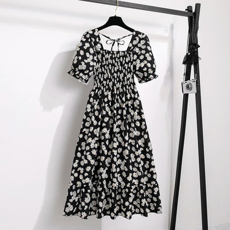 Spring Summer Chiffon Dresses Fashion Female Elastic Waist Short Sleeve Pleated Casual Dress Women A - line Dresses Vestidos - Bako Bako