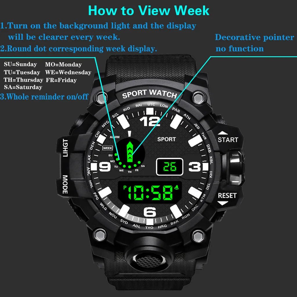 Fashion Men's Watch Sports Electronic Wristwatch Large dial Multifunctional Waterproof Luminous Alarm Kids Male's Military Watch - Bako Bako