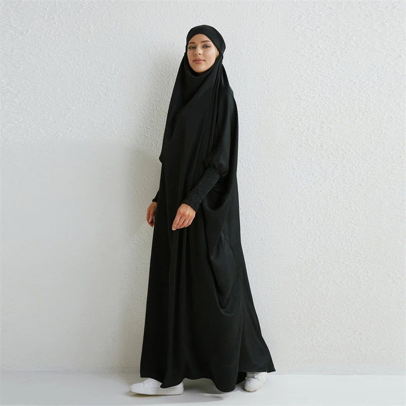 Muslim Abaya Hooded Smocking Sleeve One - piece Prayer Dress Women Jilbab Islamic Clothing Dubai Saudi Black Robe Turkish Modesty - Bako Bako