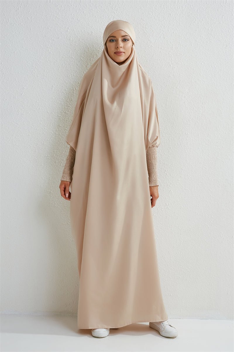 Muslim Abaya Hooded Smocking Sleeve One - piece Prayer Dress Women Jilbab Islamic Clothing Dubai Saudi Black Robe Turkish Modesty - Bako Bako