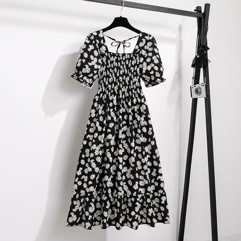 Spring Summer Chiffon Dresses Fashion Female Elastic Waist Short Sleeve Pleated Casual Dress Women A - line Dresses Vestidos - Bako Bako