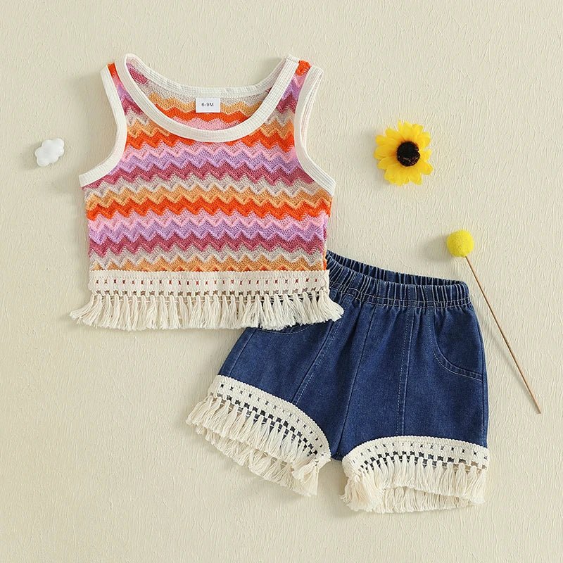 Adorable Baby Girl Outfits Vibrant Rainbow Striped Fringe Sleeveless Tank Top Elastic Waist Jean Shorts 2 - Piece Set for Summer - Bako Bako