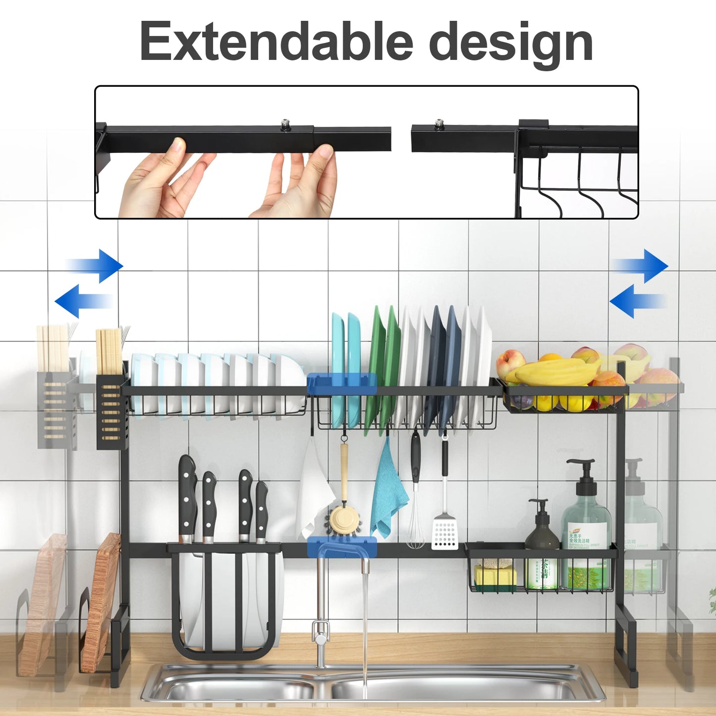 Adjustable Large Dish Drying Rack Metal Over the Sink Storage 2 - Tier Kitchen Organizer with Utensils Holder, Chopstick Holder - Bako Bako