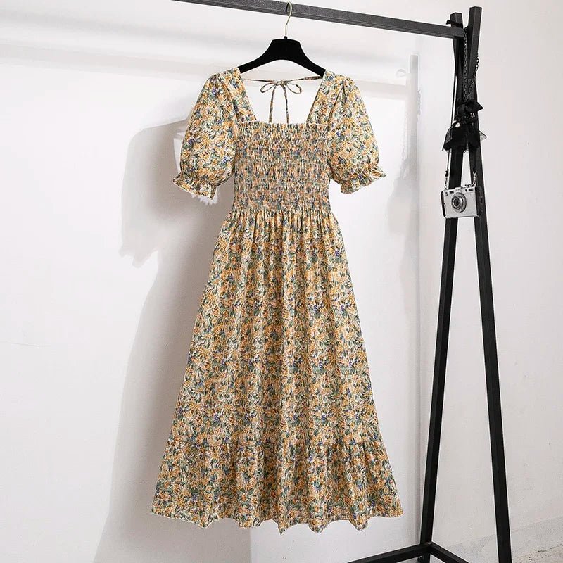 Spring Summer Chiffon Dresses Fashion Female Elastic Waist Short Sleeve Pleated Casual Dress Women A - line Dresses Vestidos - Bako Bako