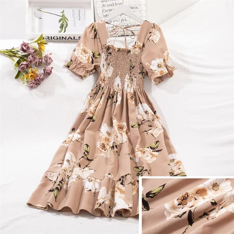 Spring Summer Chiffon Dresses Fashion Female Elastic Waist Short Sleeve Pleated Casual Dress Women A - line Dresses Vestidos - Bako Bako