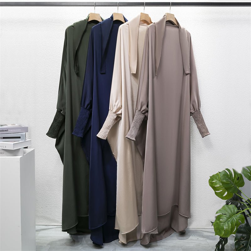 Muslim Abaya Hooded Smocking Sleeve One - piece Prayer Dress Women Jilbab Islamic Clothing Dubai Saudi Black Robe Turkish Modesty - Bako Bako