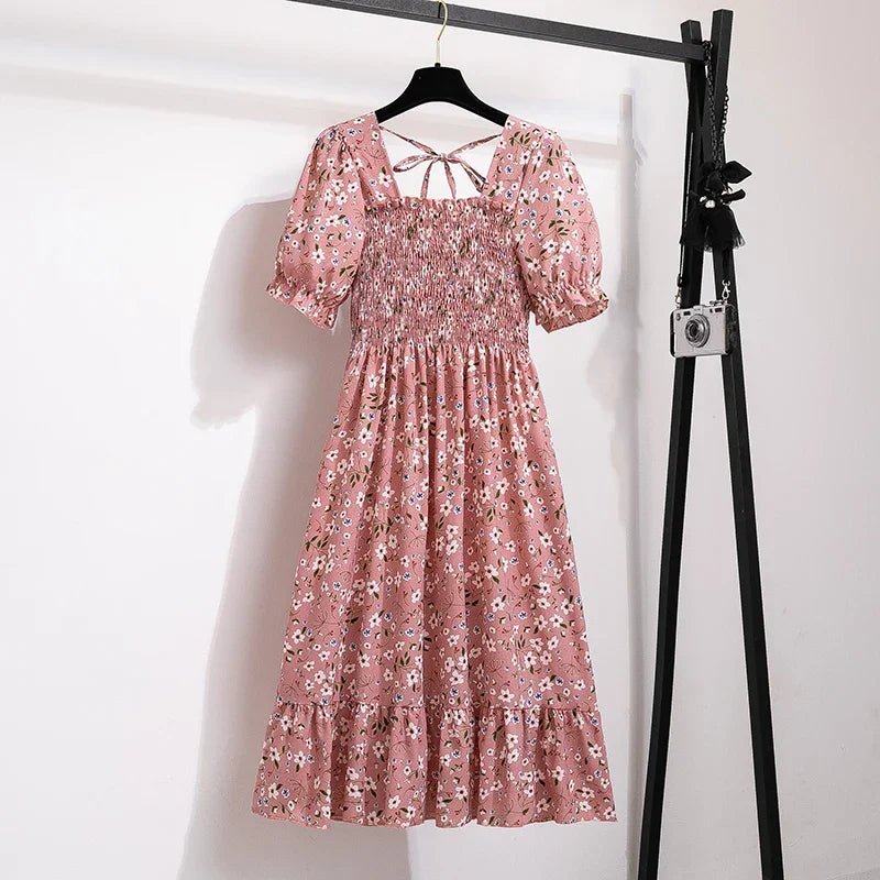 Spring Summer Chiffon Dresses Fashion Female Elastic Waist Short Sleeve Pleated Casual Dress Women A - line Dresses Vestidos - Bako Bako