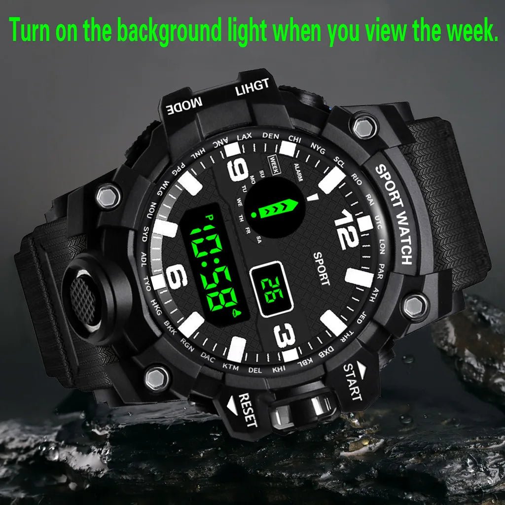 Fashion Men's Watch Sports Electronic Wristwatch Large dial Multifunctional Waterproof Luminous Alarm Kids Male's Military Watch - Bako Bako