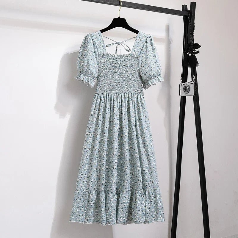 Spring Summer Chiffon Dresses Fashion Female Elastic Waist Short Sleeve Pleated Casual Dress Women A - line Dresses Vestidos - Bako Bako