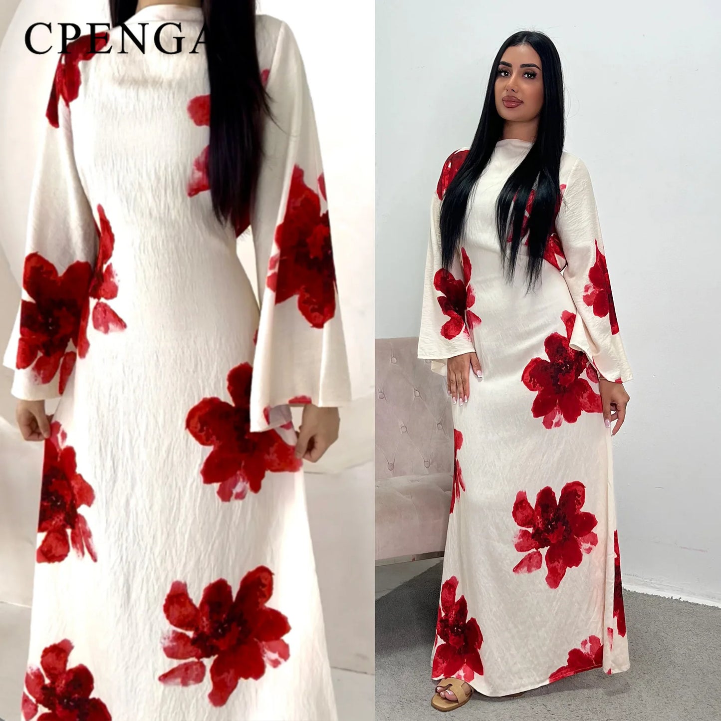 Arabesque Bell Sleeve Flowy Maxi Abaya Dress Elegant Floral Print Muslim Modest Long Dress Islamic Vacation Outfit Summer Robe - Bako Bako