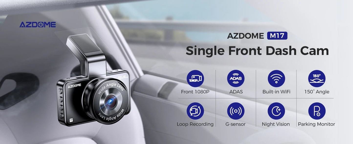 AZDOME Dash Cam M17 1080P Front Cam Built - in ADAS GPS Car Camera 24H Parking Monitor Night Vision Car DVR WIFI APP 150°FOV - Bako Bako