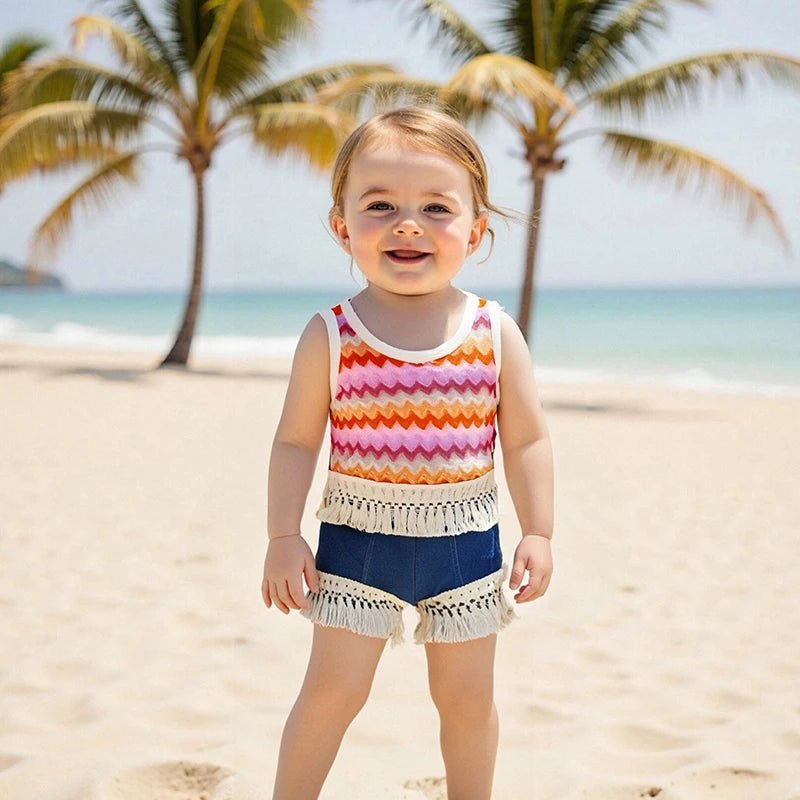Adorable Baby Girl Outfits Vibrant Rainbow Striped Fringe Sleeveless Tank Top Elastic Waist Jean Shorts 2 - Piece Set for Summer - Bako Bako