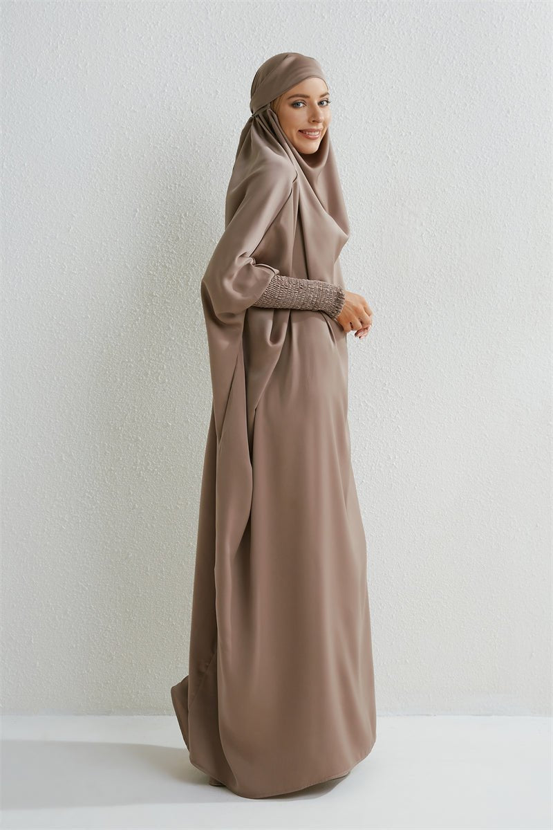 Muslim Abaya Hooded Smocking Sleeve One - piece Prayer Dress Women Jilbab Islamic Clothing Dubai Saudi Black Robe Turkish Modesty - Bako Bako