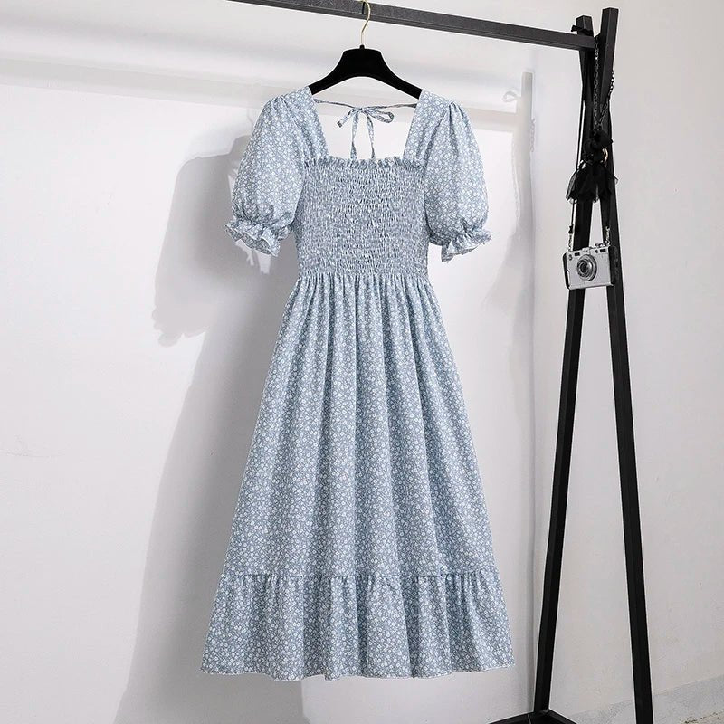 Spring Summer Chiffon Dresses Fashion Female Elastic Waist Short Sleeve Pleated Casual Dress Women A - line Dresses Vestidos - Bako Bako