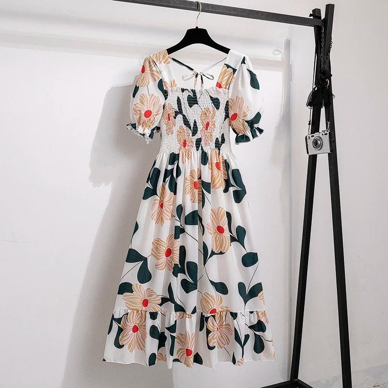 Spring Summer Chiffon Dresses Fashion Female Elastic Waist Short Sleeve Pleated Casual Dress Women A - line Dresses Vestidos - Bako Bako
