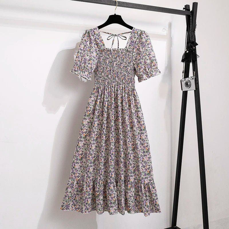Spring Summer Chiffon Dresses Fashion Female Elastic Waist Short Sleeve Pleated Casual Dress Women A - line Dresses Vestidos - Bako Bako
