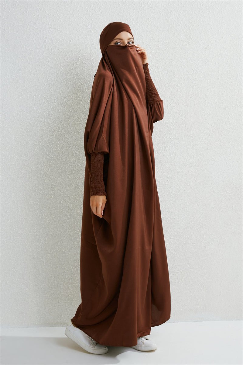 Muslim Abaya Hooded Smocking Sleeve One - piece Prayer Dress Women Jilbab Islamic Clothing Dubai Saudi Black Robe Turkish Modesty - Bako Bako