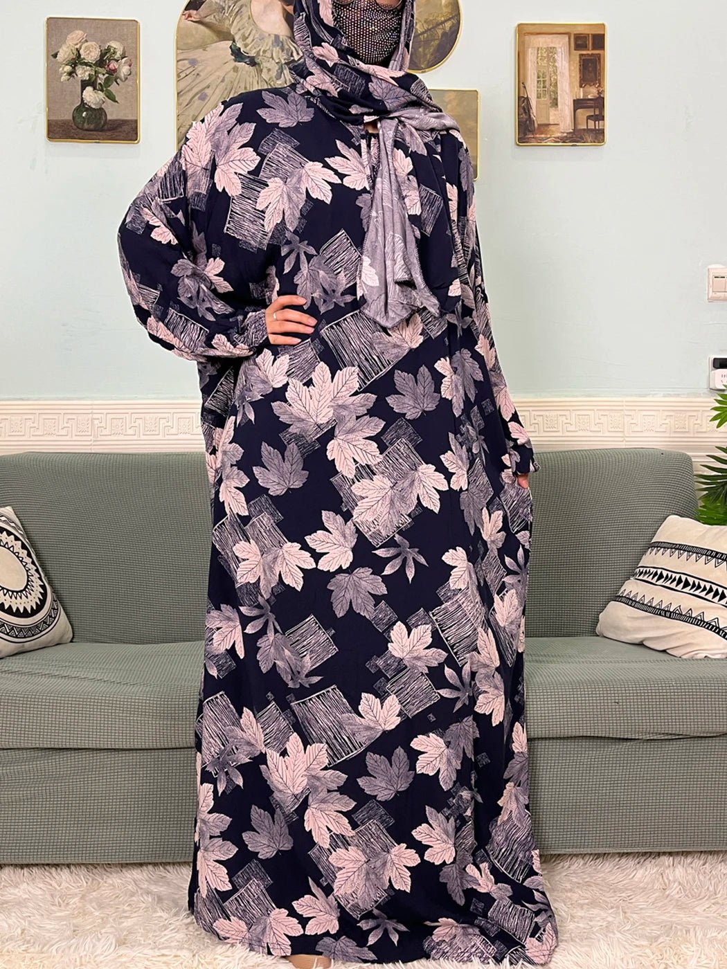 Muslim Cotton Abayas For Women Traditional Floral Ramadan Prayer Garment African Caftan Marocain Femme Robe Connected Headscarf - Bako Bako