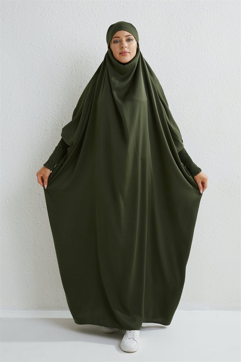 Muslim Abaya Hooded Smocking Sleeve One - piece Prayer Dress Women Jilbab Islamic Clothing Dubai Saudi Black Robe Turkish Modesty - Bako Bako