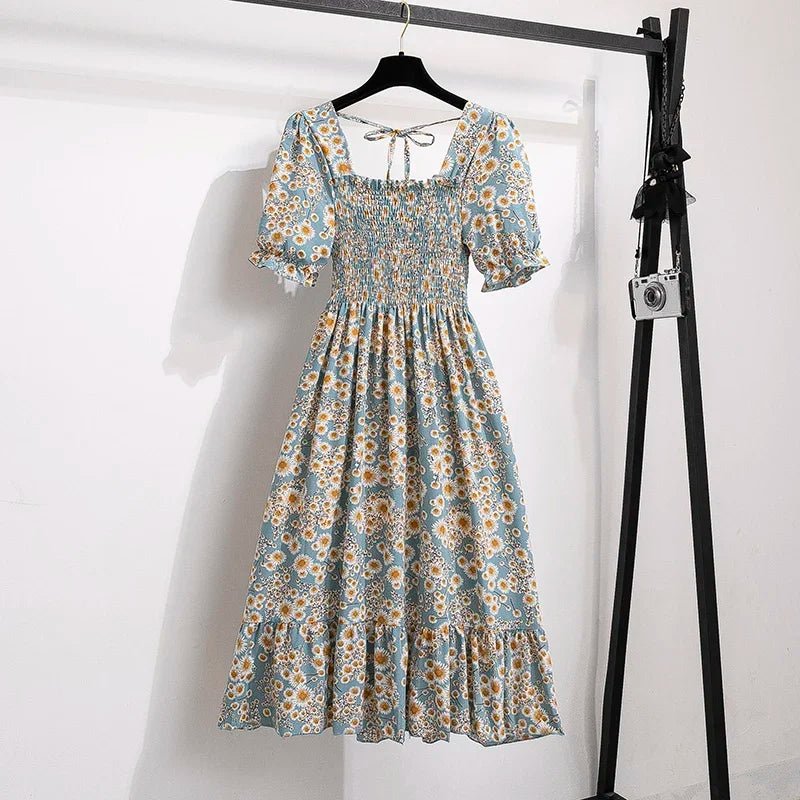 Spring Summer Chiffon Dresses Fashion Female Elastic Waist Short Sleeve Pleated Casual Dress Women A - line Dresses Vestidos - Bako Bako