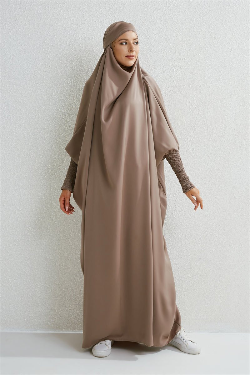 Muslim Abaya Hooded Smocking Sleeve One - piece Prayer Dress Women Jilbab Islamic Clothing Dubai Saudi Black Robe Turkish Modesty - Bako Bako