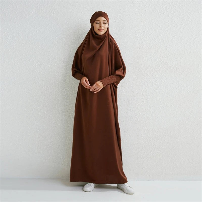 Muslim Abaya Hooded Smocking Sleeve One - piece Prayer Dress Women Jilbab Islamic Clothing Dubai Saudi Black Robe Turkish Modesty - Bako Bako