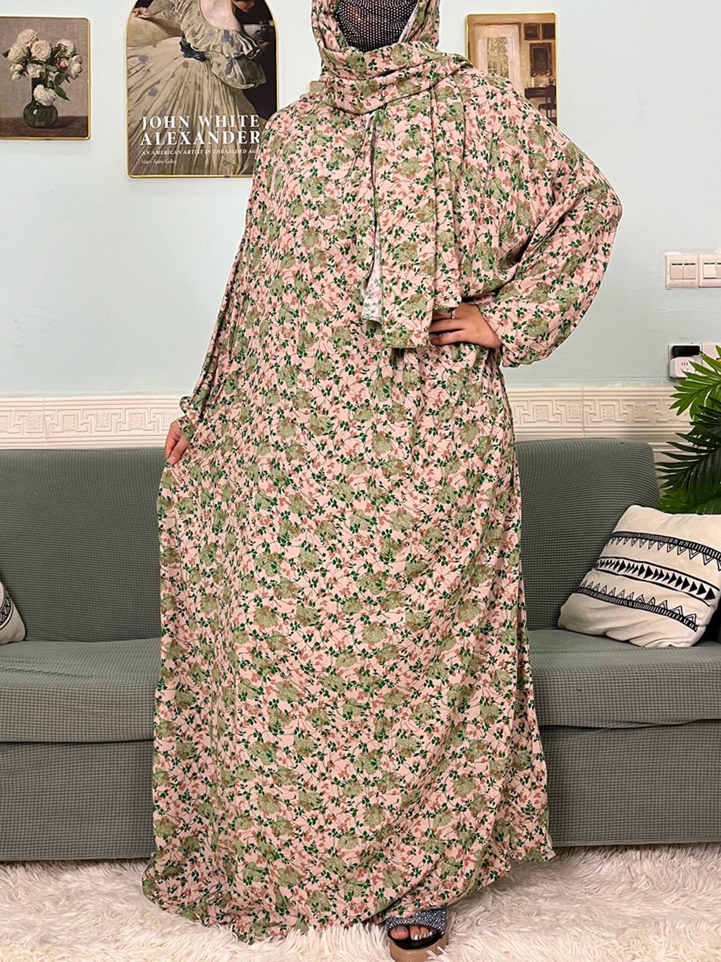 Muslim Cotton Abayas For Women Traditional Floral Ramadan Prayer Garment African Caftan Marocain Femme Robe Connected Headscarf - Bako Bako