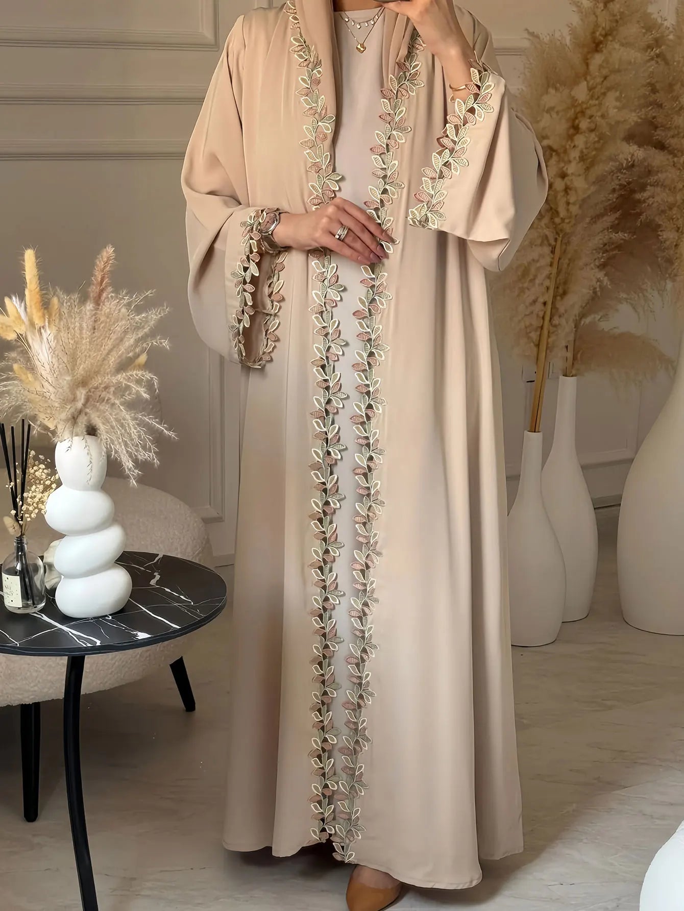Dubai Elegant Beige Abaya for Muslim Women - Intricately Crafted with Multicolored Embroidery Piece in Islamic Modest Fashion - Bako Bako