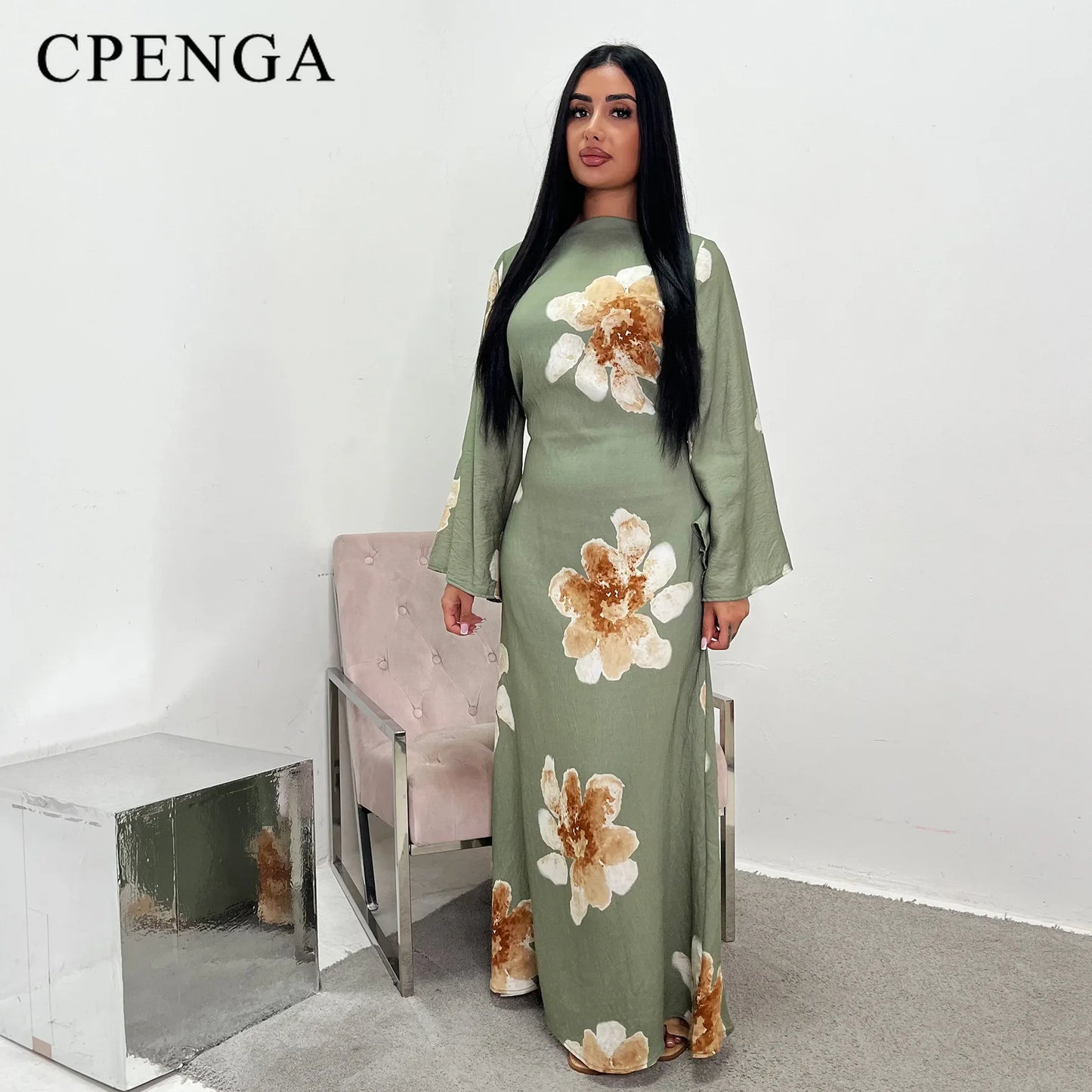 Arabesque Bell Sleeve Flowy Maxi Abaya Dress Elegant Floral Print Muslim Modest Long Dress Islamic Vacation Outfit Summer Robe - Bako Bako