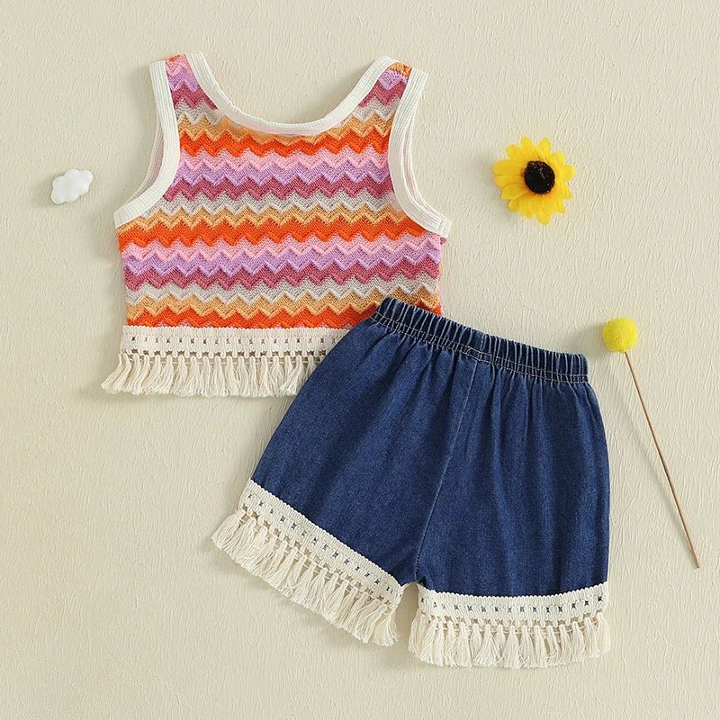 Adorable Baby Girl Outfits Vibrant Rainbow Striped Fringe Sleeveless Tank Top Elastic Waist Jean Shorts 2 - Piece Set for Summer - Bako Bako
