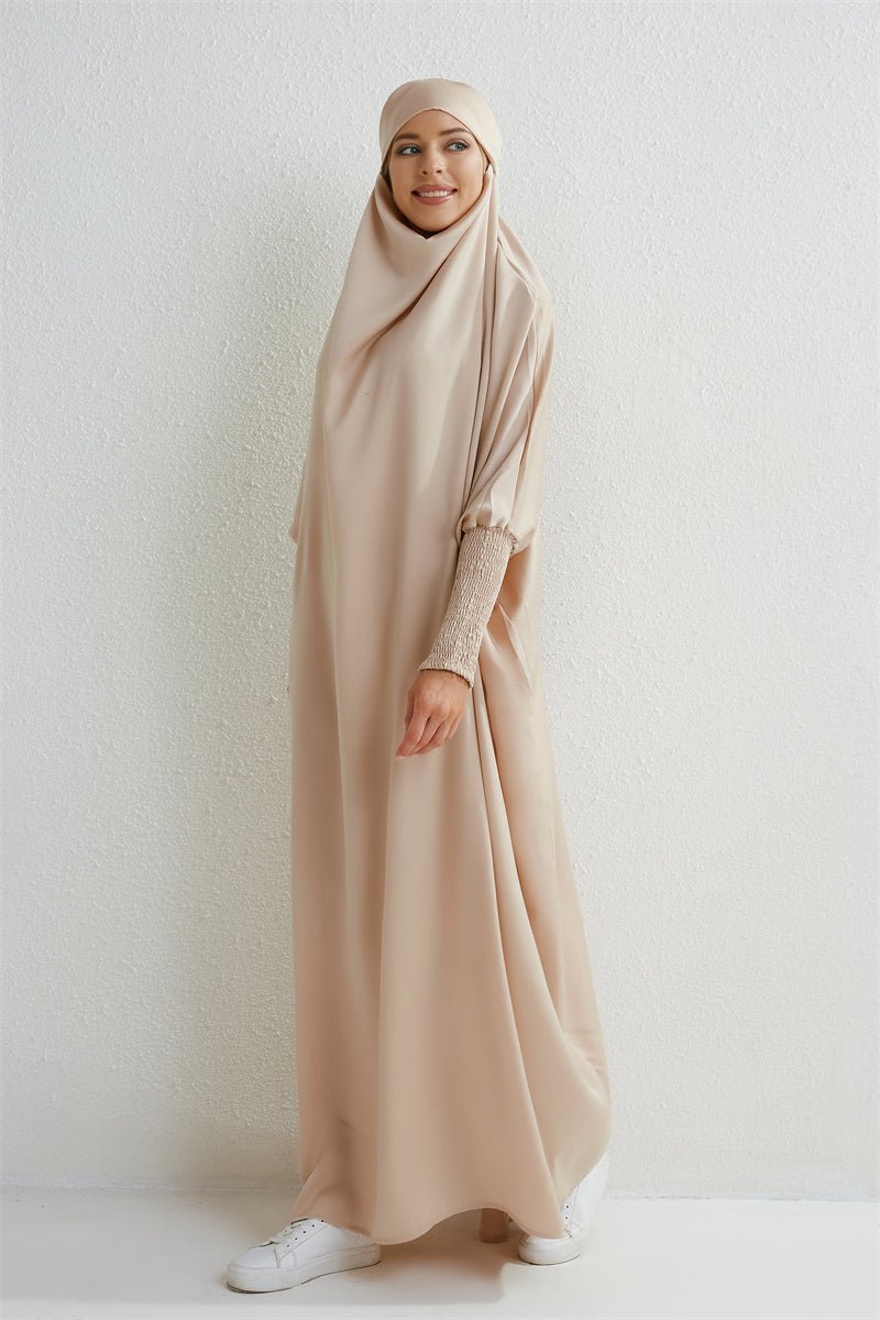 Muslim Abaya Hooded Smocking Sleeve One - piece Prayer Dress Women Jilbab Islamic Clothing Dubai Saudi Black Robe Turkish Modesty - Bako Bako