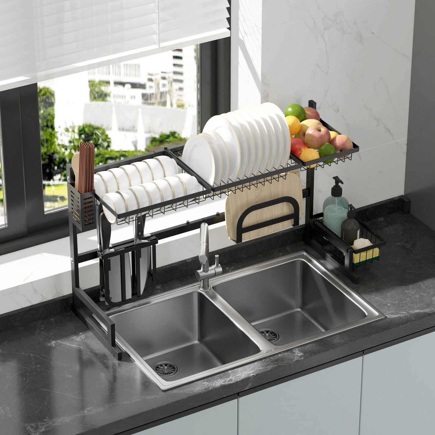 Adjustable Large Dish Drying Rack Metal Over the Sink Storage 2 - Tier Kitchen Organizer with Utensils Holder, Chopstick Holder - Bako Bako