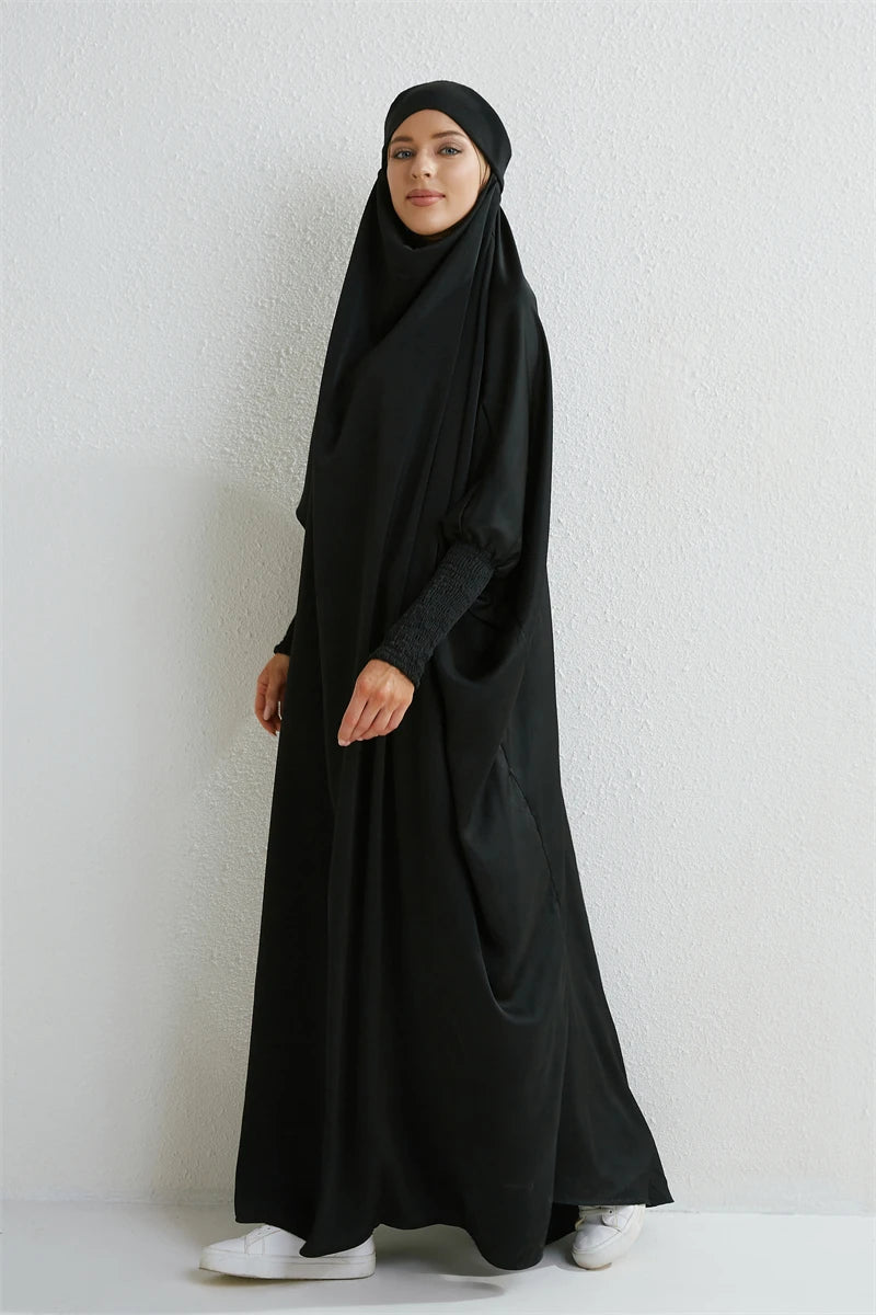 Muslim Abaya Hooded Smocking Sleeve One - piece Prayer Dress Women Jilbab Islamic Clothing Dubai Saudi Black Robe Turkish Modesty - Bako Bako