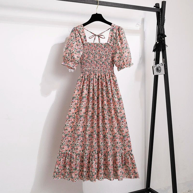 Spring Summer Chiffon Dresses Fashion Female Elastic Waist Short Sleeve Pleated Casual Dress Women A - line Dresses Vestidos - Bako Bako