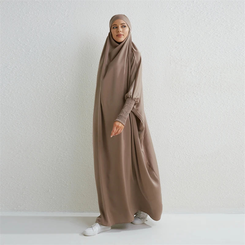Muslim Abaya Hooded Smocking Sleeve One - piece Prayer Dress Women Jilbab Islamic Clothing Dubai Saudi Black Robe Turkish Modesty - Bako Bako