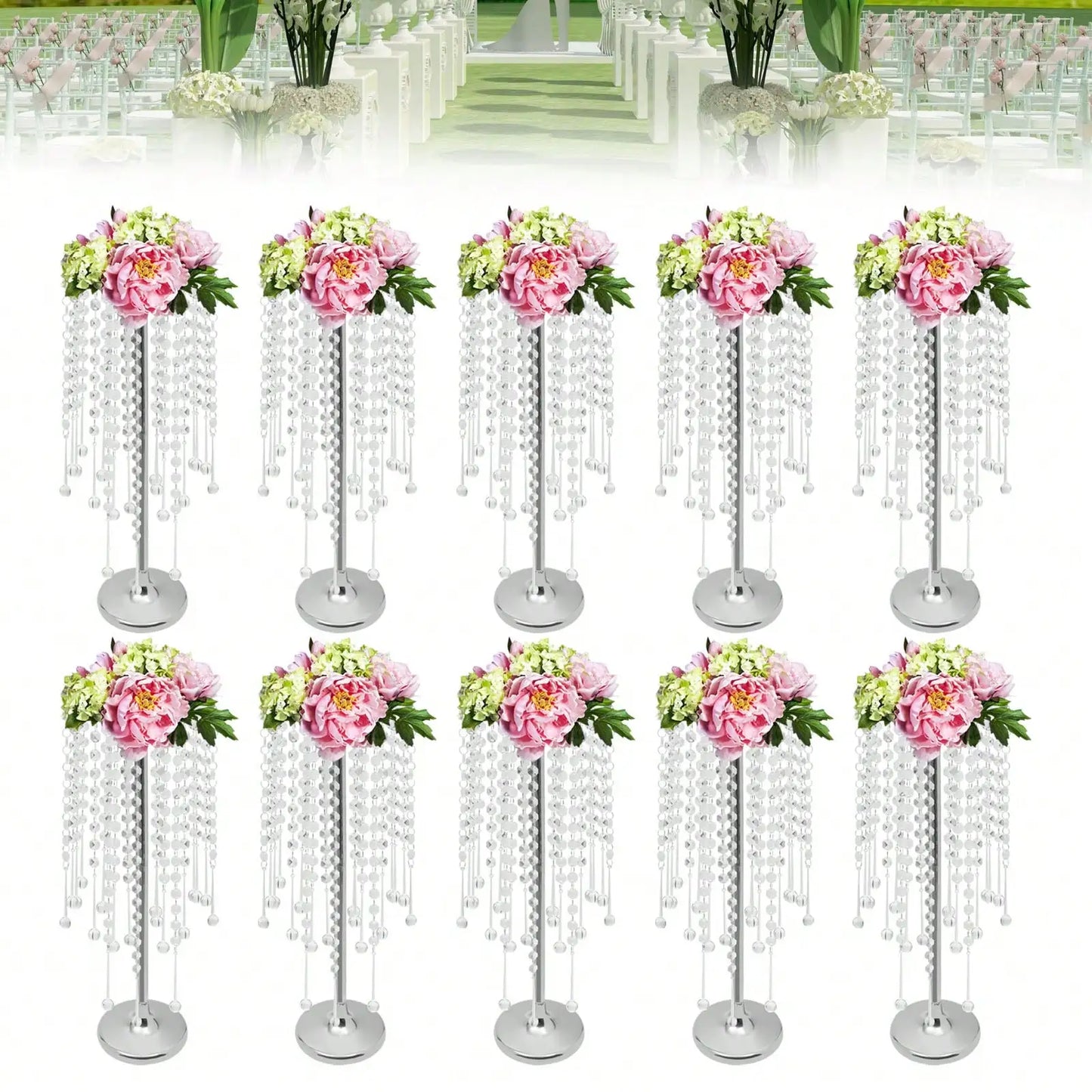 10Pcs Metal Flower Vase Table Decorative Crystal Acrylic Table Centerpieces,Silver Flowers Stand Wedding Reception Centerpieces - Bako Bako