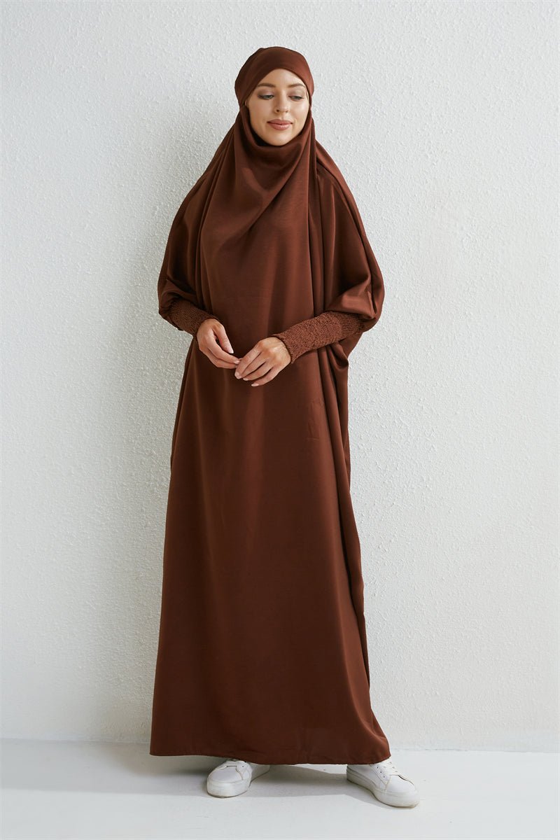 Muslim Abaya Hooded Smocking Sleeve One - piece Prayer Dress Women Jilbab Islamic Clothing Dubai Saudi Black Robe Turkish Modesty - Bako Bako